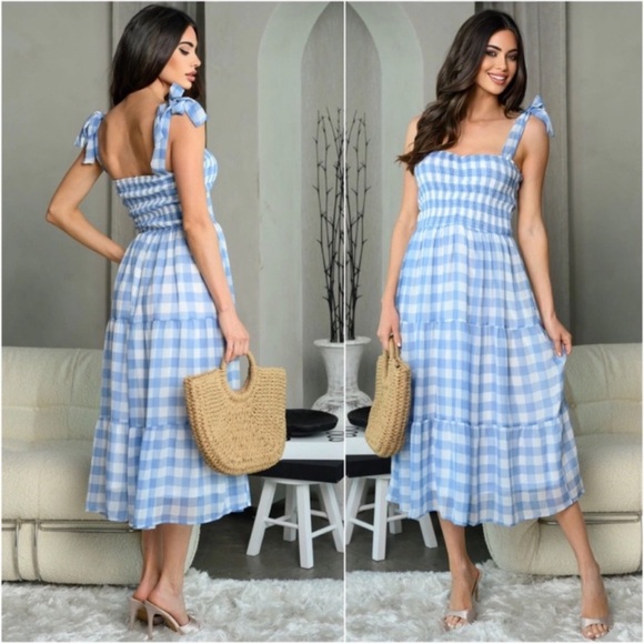 New blue gingham check womens trendy cute midi modest blue white dress - Picture 2 of 2